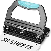 AFMAT Heavy Duty 3 Hole Punch, 50-Sheet, 50% Reduced Effort, Adjustable Two & Three Hole Punch, Metal Paper Puncher w/Large Chip Tray, Metal Paper Guide, Black