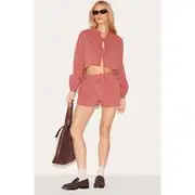 Red Striped Linen Look Floaty Shorts, Red