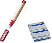 Lamy ABC 009 Fountain Pen Made of Maple Wood and Plastic in Blue Steel Nib, Polished - Spring Thickness A (Beginner) (Spring A, Fountain Holder + Cartridges, Red)