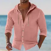 Men's Shirt Linen Shirt Beach Wear Button Up Shirt Hooded Shirt Plain Vacation Casual Black White Pink Blue Long Sleeve Hooded Summer Spring Summer Clothing A