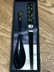 Japanese Cherry Blossoms Cutlery Set Chopsticks & Spoon Hashi Sakura Black JAPAN
