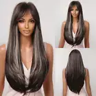 Women Synthetic Wigs Long Straight Reddish Brown Highlight Hair Wigs with Bangs