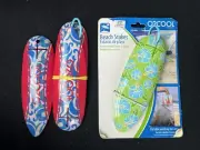 (2) Flower Floral Beach Towel Stakes O2COOL Green Blue Ocean Vacation Portable