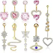 ARefugen Belly Button Rings - 9Pcs Belly Button Dangling Navel Ring Piercing Aesthetics Jewelry Accessories for Women, Surgical Stainless Steel Pearl Rhinestone Heart Snake
