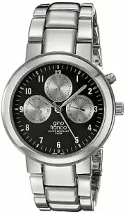 NEW Gino Franco 921BK Men's Month Day Date Round Black Dial Silver SS Watch 50m