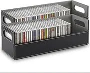 2- Pack CD Storage Box, Organizer Shelf for Movie Cases, DVDs, Cassette Tape Display Stand, Disc Holder Can Store Up to 40 CDs, Faux Leather (Black with Gray Interior)