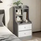 Bedside Table Bedroom Light Gray Wood, White Drawers, Metal Slides, Nordic Minim