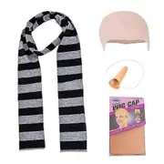Yalisheng 4pcs Despicable Me Gru Cos Kits Fake Nose Bald Cap Halloween Costume Accessories Black Gray Striped Scarf Cosplay Set for Adult As Shown