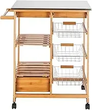 Storage Rack Moveable Kitchen Cart with Stainless Steel Table Top & Three Drawers and Three Basket Trolley on Wheels