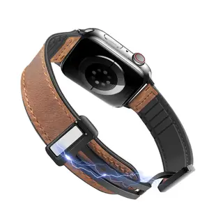 適用蘋果手錶錶帶硅膠貼皮磁吸摺疊扣真皮錶帶