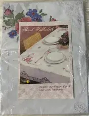 Vintage Vinyl Tablecloth Rectangle Elegant Needlepoint Floral Lace Look New