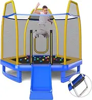 HONEY JOY Trampoline for Kids, 7FT Kids Trampoline w/Slide, Ladder & Ocean Balls, Indoor Outdoor Trampoline w/Heavy Duty Galvanized Steel Frame & Safety Enclosure Net for 3+ Years, Max 200 KG