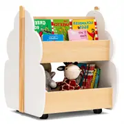 Babyjoy 2-Tier Kids Wooden Bookshelf Storage Bookcase w/Universal Wheels Display Shelf Toy Organizer White