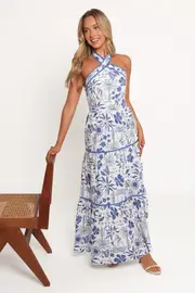 [PUP56] Fernanda Halterneck Maxi Dress - Blue Tropical XS Blue