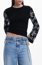 Desigual Floral Jacquard Bell Sleeve Top in Black at Nordstrom, Size Large