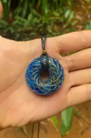Torus Rodin Coil Necklace blue Orgonite double spiral copper gold plated 24k