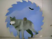 Gray Wolf and Eagle hand painted on 7 1/4 round saw blade wall Timberwolf