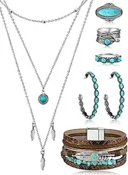 [Ecally] 6 Pcs Bohemian Western Jewelry for Women Turquoise Set Bohemian Pendant Long Choker Faux Leather Layered Bracelets Vintage Turquoise Dangle Earrings Gemstone Ring Boho Turquoise Jewelry Set