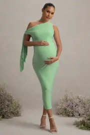 Katarine | Light Green Asymmetric Knot Maternity Midi Dress