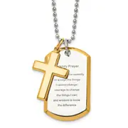 Stainless Steel Chisel Polished Yellow Ip-Plated 2 Piece Cross And Serenity Prayer Dog Tag On A 24 Inch Ball Chain Necklace