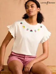 Love & Roses Ivory Fruit Embroidery Flutter Sleeve Jersey T-Shirt (F17038) | $55
