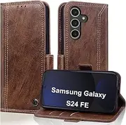 Wallet Case for Samsung Galaxy S24 FE 5G 2024 6.7", Flip Folio Cover with Card Holder, Shockproof PU Leather with Anti-Theft Brush, S24FE Case Magnetic Closure Kickstand Samsung S24 FE Case - Brown