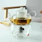 2Pc Tea Set Pumpkin Style Glass Teapot + Professional Fuel Burning Teapot Warmer