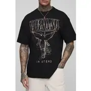 Mens Black Tall Oversized Nirvana License Print T-Shirt