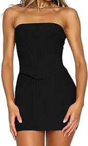 [Halfword] Women’s Sexy 2 Piece Outfit Summer Going Out Crop Tube Top Bodycon Ribbed Skirt Sets Y2k Mini Dress Set