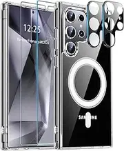 Compatible with Samsung Galaxy S24 Ultra Case with Magnetic Clear Case, 5 in 1 - [Not Yellowing] 2X Screen Protectors & 2X Camera Lens Protectors, Shockproof Slim Cover with MagSafe
