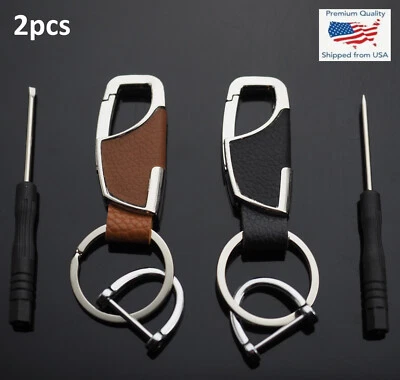 2pcs Brown & Black Combo Leather D Buckle Clip Car Key Ring Fob Holder Keychain