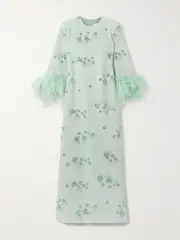 [Huishan Zhang] Huishan Zhang - Elias Feather-trimmed Embellished Recycled Crepe-jersey Gown - Mint - UK 14 UK 14 Green