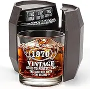 55th Birthday Gifts for Men, Vintage 1970 Whiskey Glass Set in Barrel Box, 55 Year Old Gift Ideas for Him Husband Dad, Rock Glass for 55th Birthday Decorations & Wedding Anniversary