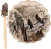 Shaman's Ritual Drum - Wooden Spirit Musical Instrument, Crow Symbol Design | Handheld Music Drum for Old Man Motifs and Spiritual Practices, Traditional Sound Tools for Meditation and Cultural