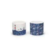 Sailboat Lighthouse Blue/White 4x2 Inch Stoneware Boiled Egg Cup; Set of 2