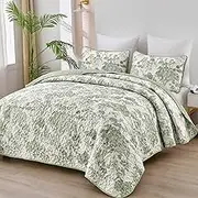 WONGS BEDDING Botanical Quilt Set King, Sage Green 3 Pieces Toile Floral Plants Printed Bedspread Bedding Set Soft Lightweight Microfiber Coverlet Set for All Season (104"x90")
