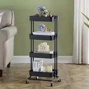 Viviendo 4 Tier Storage Rolling Cart, Kitchen Trolley Moving Island with Wheels,Spice Rack Organizer with Handle Trolley,Pantry Organizer Shelf Storage Rack,Bathroom Laundry Utility Cart - Black