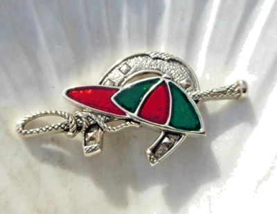 FINE SILVER ENAMEL JOCKEY CAP,HORSESHOE, WHIP BROOCH