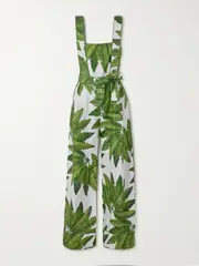 [Farm Rio] Farm Rio - Belted Printed Linen Jumpsuit - Green - x small x small Green