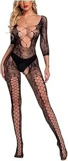 Geckowi Women Fishnet Bodystocking Attached Stockings Sexy Exotic Lingerie Crotchless Bodysuit One Piece Babydoll Nightwear