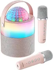 MOMOHO Karaoke Machine for Kids, Mini Karaoke Mchine,Portable Bluetooth Speaker with 2 Wireless Mics, Disco LED Lights for Parties & Travel, for Girls & Boys (Pink)