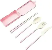 Travel Utensils 4Pcs Portable Tableware Set Wheat Straw Dinnerware Detachable Cutlery Travel Tableware Picnic Dinnerware Set(Pinktableware)
