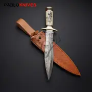 14" Custom Handmade Damascus Dagger Knife / Skull Engraved on Handle + Leather