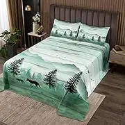 Homemissing Wolf Printed Quilted Bedspread Misty Woods Fox Quilted Bedspread for Kids Boys Girls Natural Landscape Coverlet Set Rustic Wooden Board Quilted with 1 Pillowcase 2Pcs Single