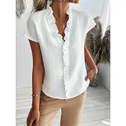 Women's Shirt Solid Color Elegant Stylish Basic Short Sleeve V Neck Regular Tops Daily Ruffle Buttons Black White Army Green Red Apricot Summer
