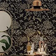 Fiula Black and Gold Wallpaper Delicate Leaves Peel and Stick Wallpaper17.3''X197''Black Wallpaper Decorative Shelf Drawer Liner Roll Waterproof