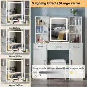 Makeup Vanity Desk Set with LED Mirror + Stool + Drawers +Shelves Dressing Table