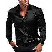 Men's Shirt Satin Shirt Casual Shirt Button Up Shirt Plain Wedding Vacation Black White Wine Navy Blue Long Sleeve Lapel Spring Fall Clothing Apparel