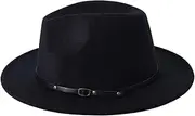 [QUUPY] Women Men Classic Jazz Hat Vintage Wide Brim Fedora Hat with Leather Belt Buckle Felt Panama Gatsby Hat Black