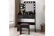 Dressing Table & Stool Set with Shelves and Lighted Mirror Black
